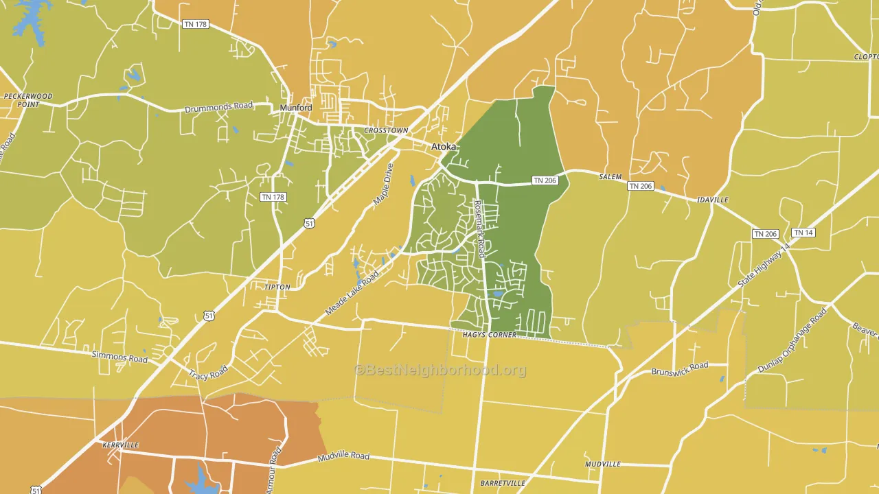 Map of the best neighborhoods in the Atoka area, with better matches in green and worse matches in red