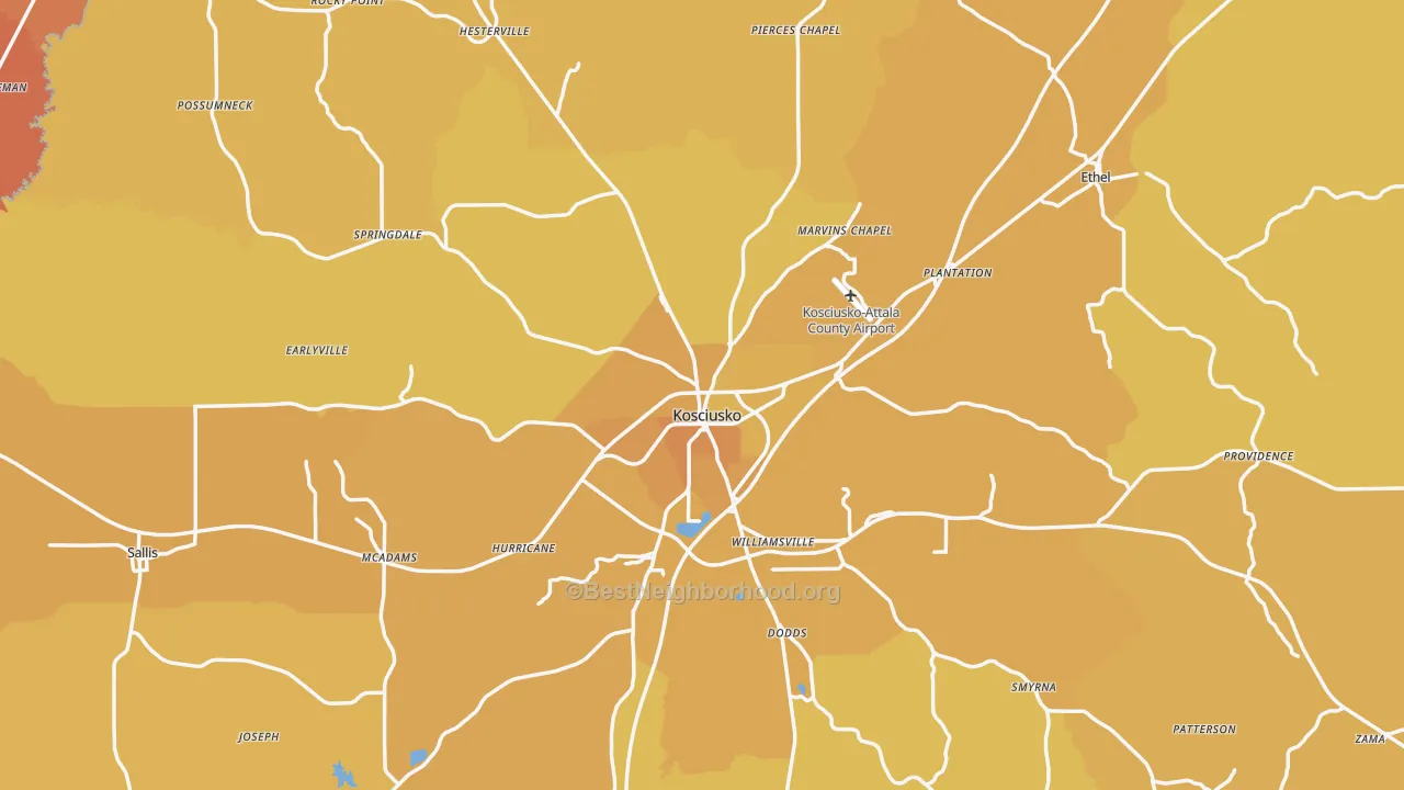 Map of the best neighborhoods in the Attala County area, with better matches in green and worse matches in red