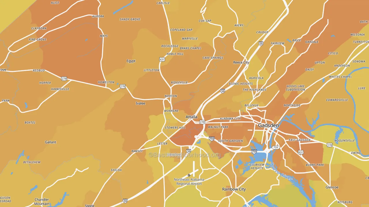 Map of the best neighborhoods in the Attalla area, with better matches in green and worse matches in red