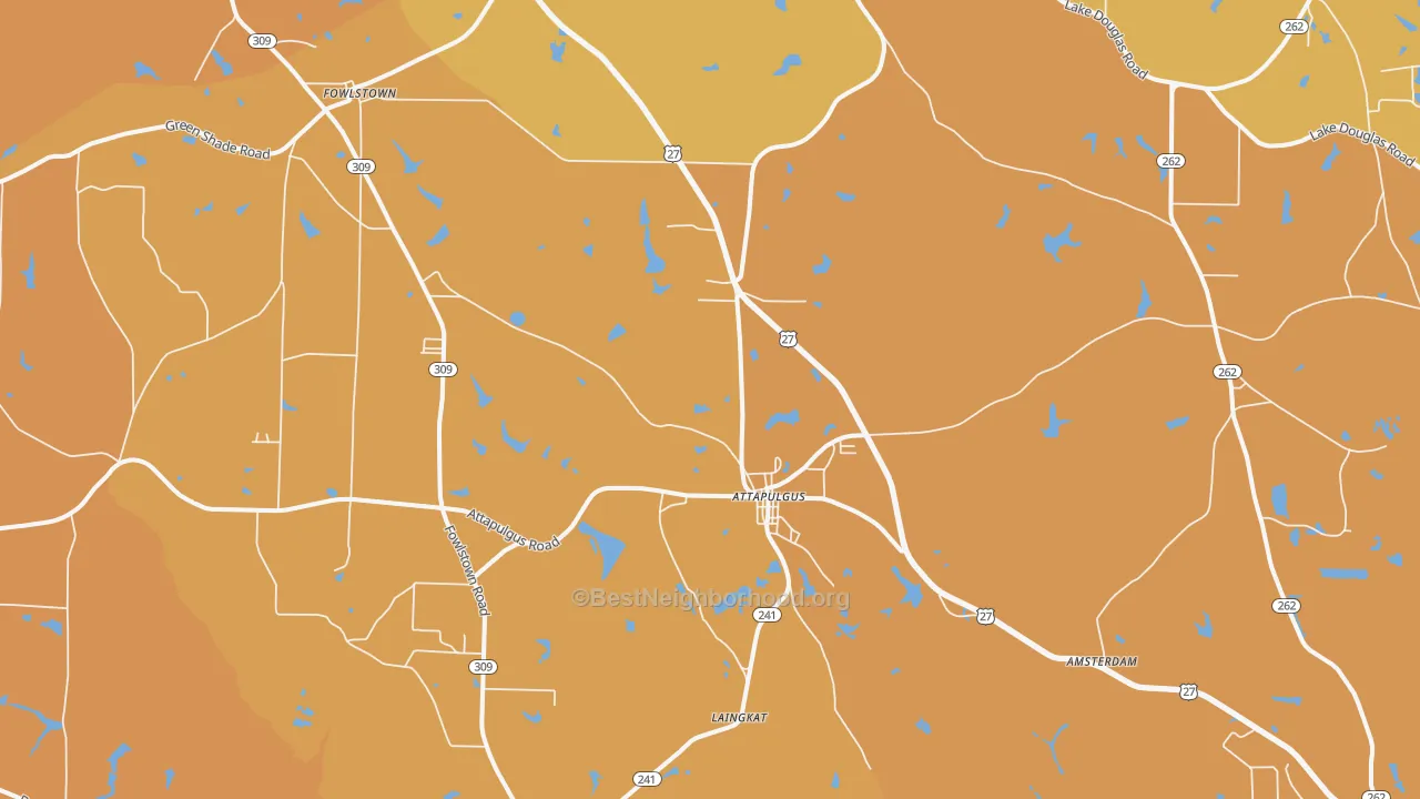 Map of the best neighborhoods in the Attapulgus area, with better matches in green and worse matches in red