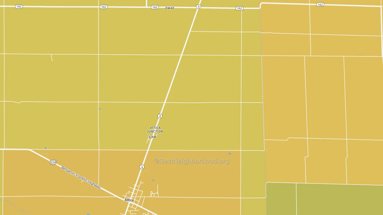 Map of the best neighborhoods in the Attica Junction area, with better matches in green and worse matches in red