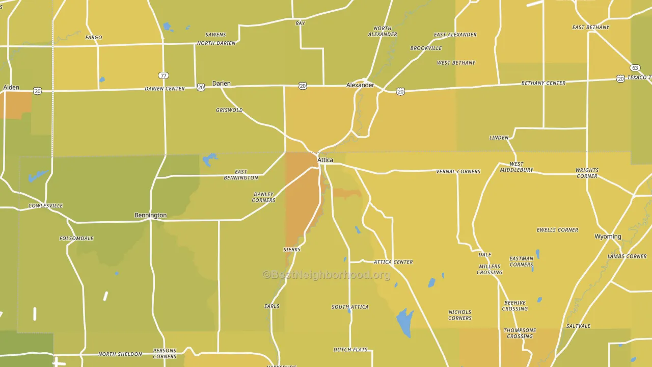 Map of the best neighborhoods in the Attica area, with better matches in green and worse matches in red