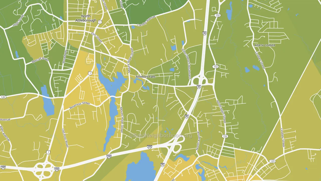 Map of the best neighborhoods in the Attleboro Falls area, with better matches in green and worse matches in red