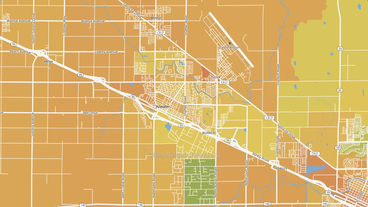 Map of the best neighborhoods in the Atwater area, with better matches in green and worse matches in red