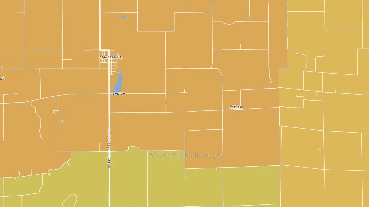 Map of the best neighborhoods in the Atwater area, with better matches in green and worse matches in red
