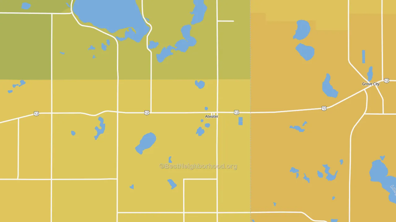 Map of the best neighborhoods in the Atwater area, with better matches in green and worse matches in red