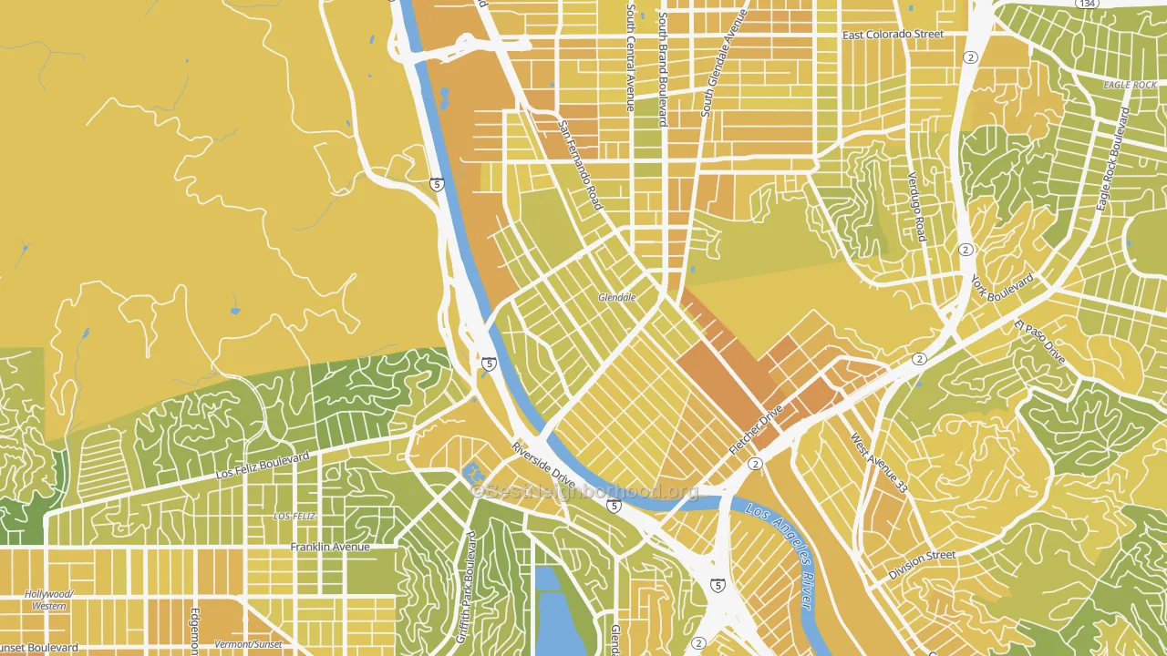 Map of the best neighborhoods in the Atwater Village, Los Angeles area, with better matches in green and worse matches in red