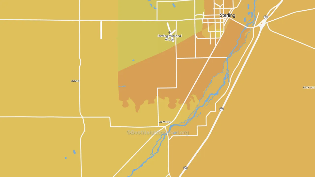 Map of the best neighborhoods in the Atwood area, with better matches in green and worse matches in red