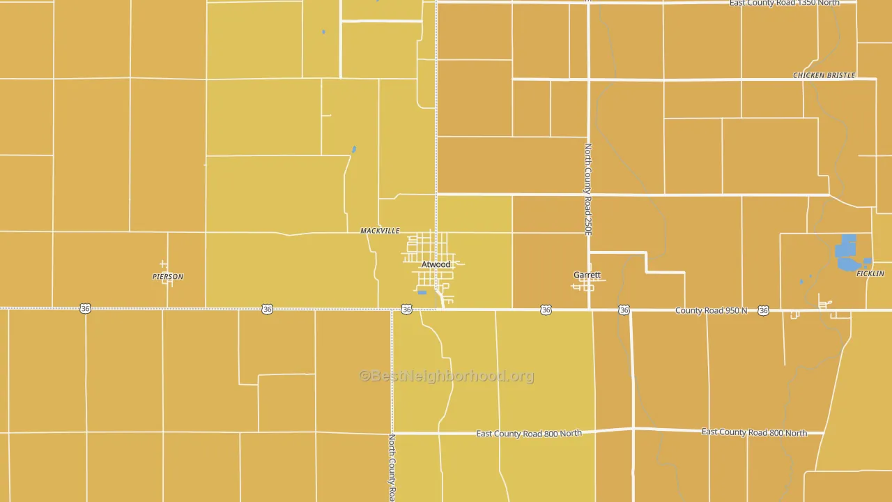 Map of the best neighborhoods in the Atwood area, with better matches in green and worse matches in red