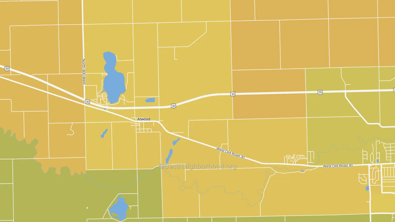 Map of the best neighborhoods in the Atwood area, with better matches in green and worse matches in red