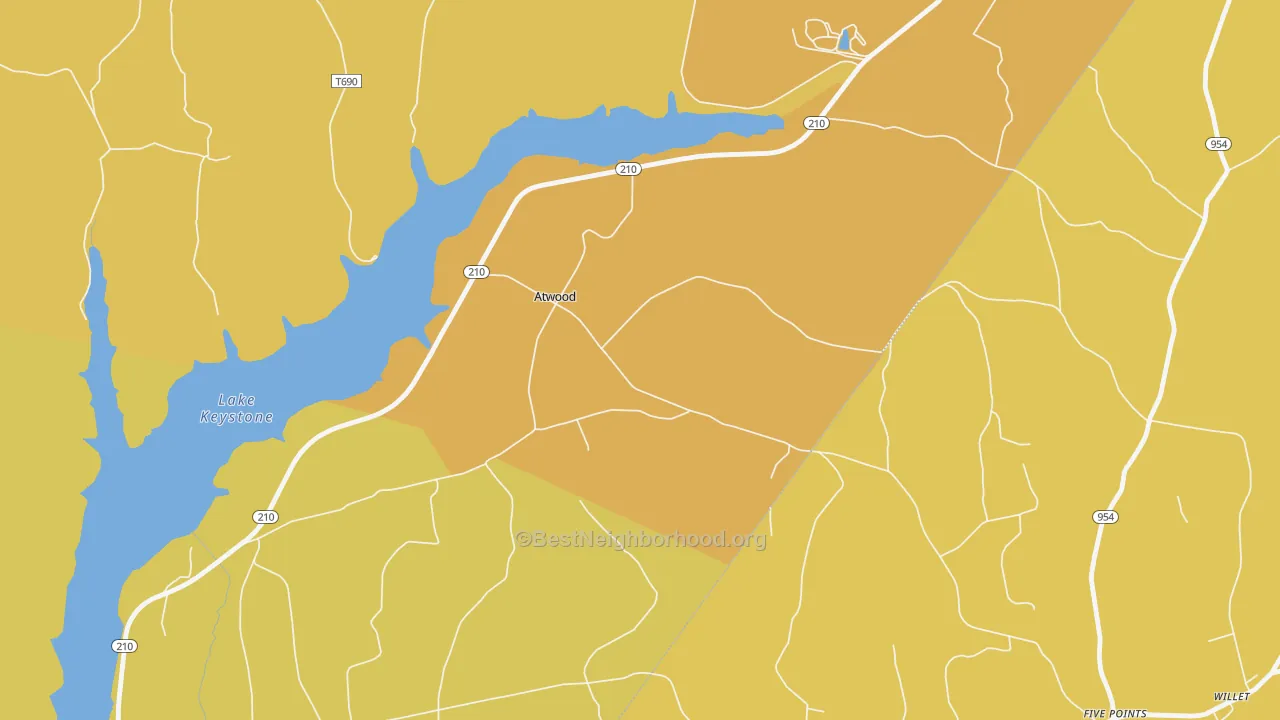 Map of the best neighborhoods in the Atwood area, with better matches in green and worse matches in red