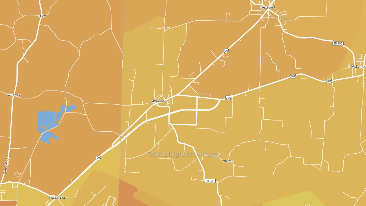 Map of the best neighborhoods in the Atwood area, with better matches in green and worse matches in red