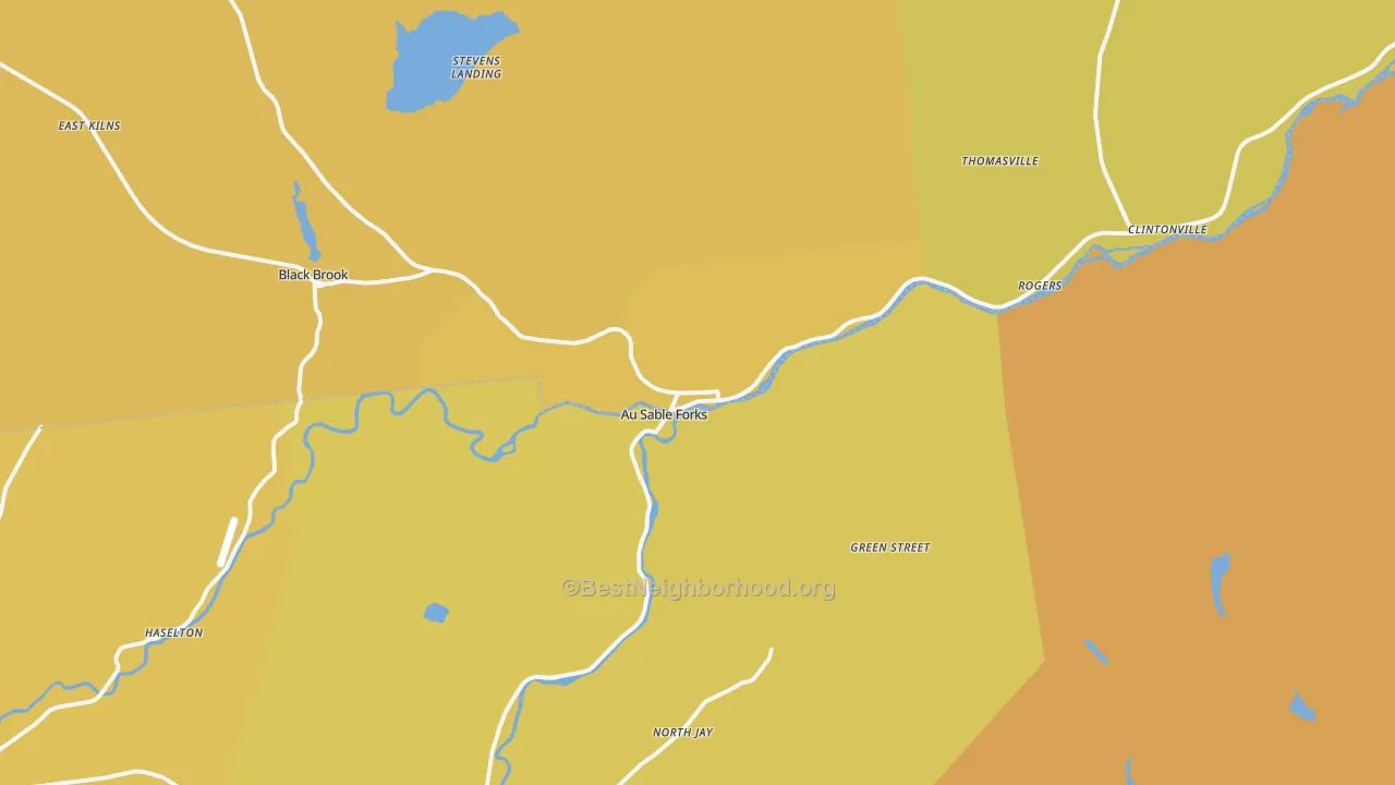 Map of the best neighborhoods in the Au Sable Forks area, with better matches in green and worse matches in red