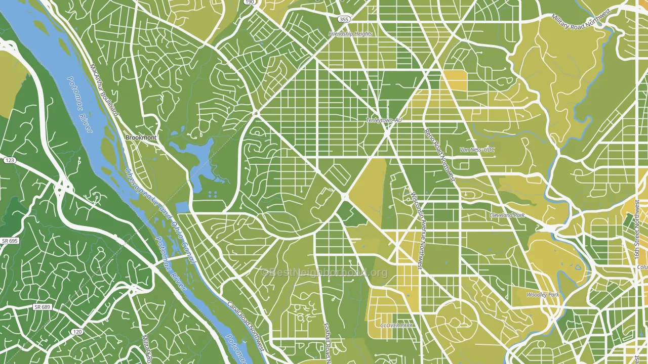 Map of the best neighborhoods in the Au-Tenleytown, Washington area, with better matches in green and worse matches in red