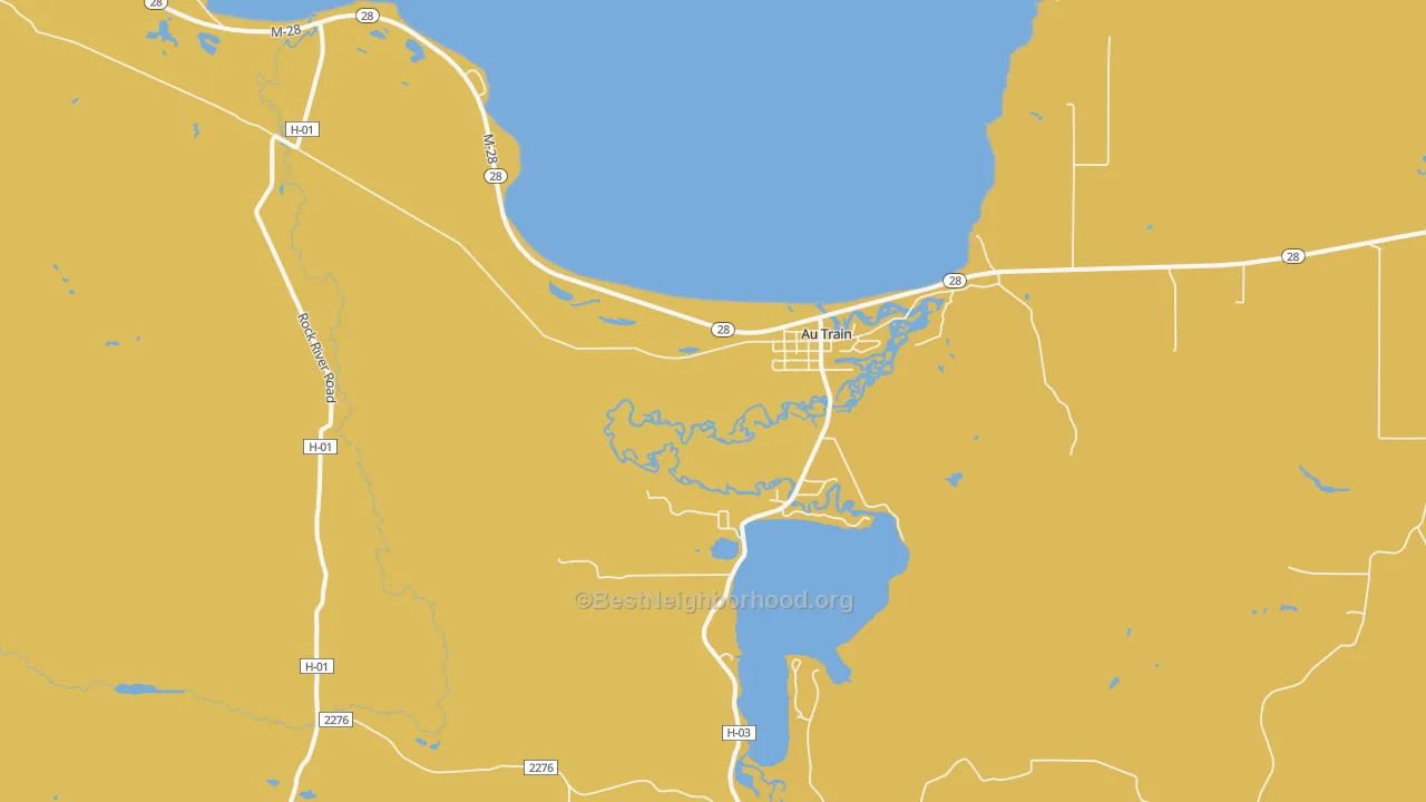 Map of the best neighborhoods in the Au Train area, with better matches in green and worse matches in red