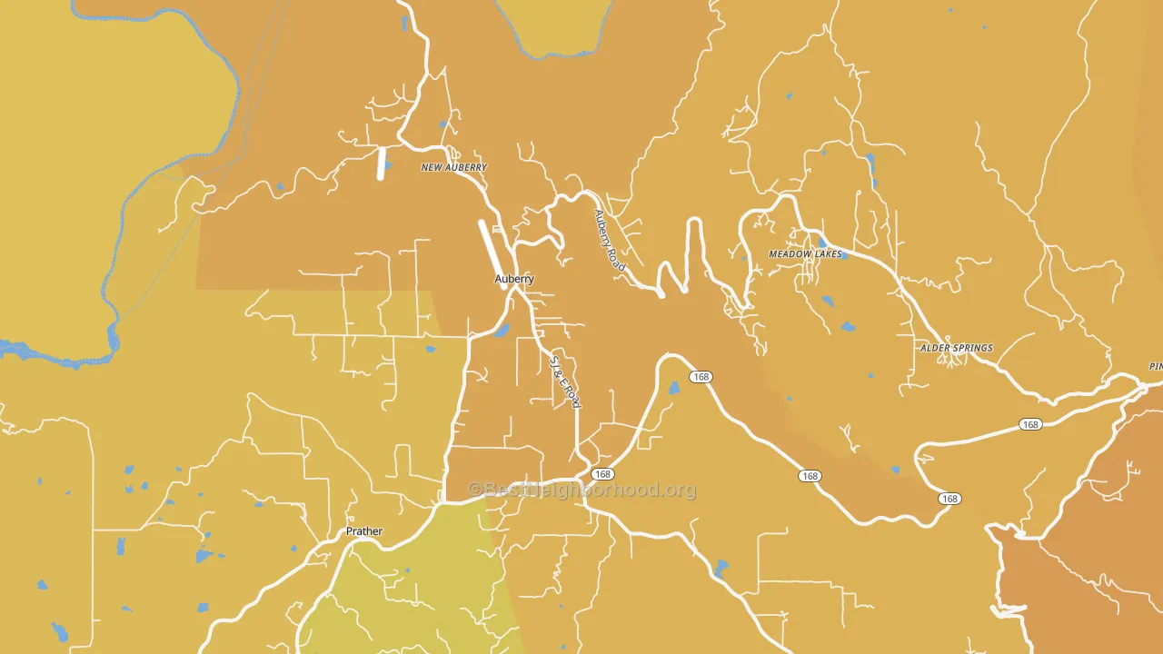 Map of the best neighborhoods in the Auberry area, with better matches in green and worse matches in red