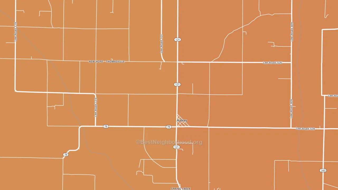 Map of the best neighborhoods in the Aubrey area, with better matches in green and worse matches in red