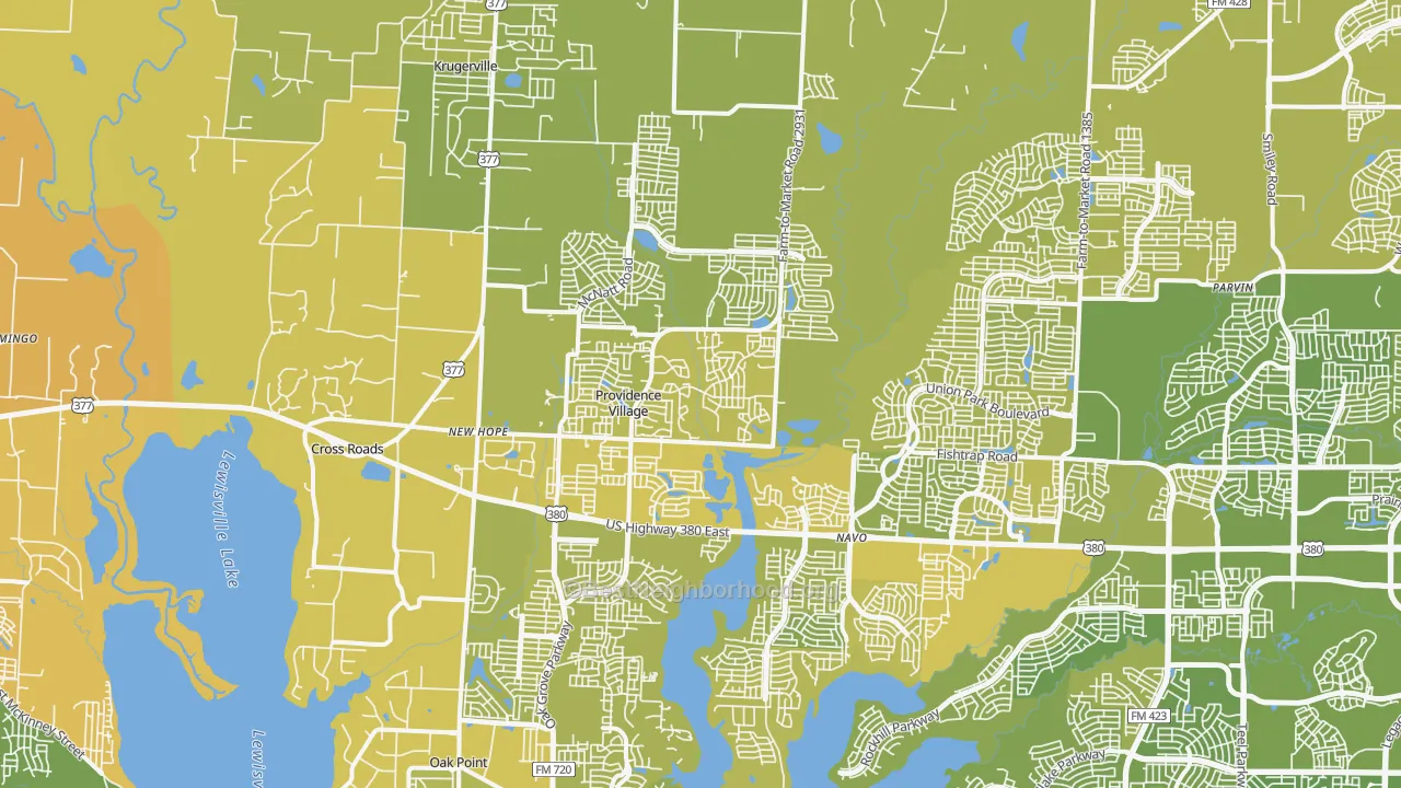Map of the best neighborhoods in the Aubrey area, with better matches in green and worse matches in red