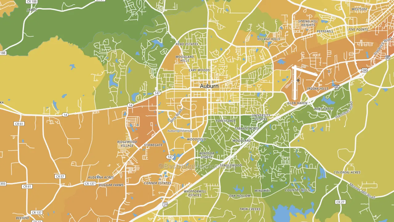 Map of the best neighborhoods in the Auburn Metro area, with better matches in green and worse matches in red