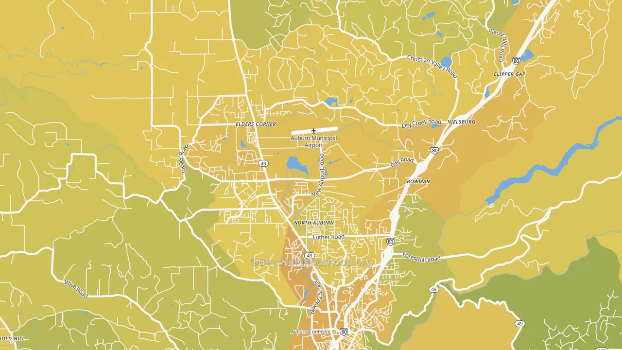 Map of the best neighborhoods in the Auburn area, with better matches in green and worse matches in red