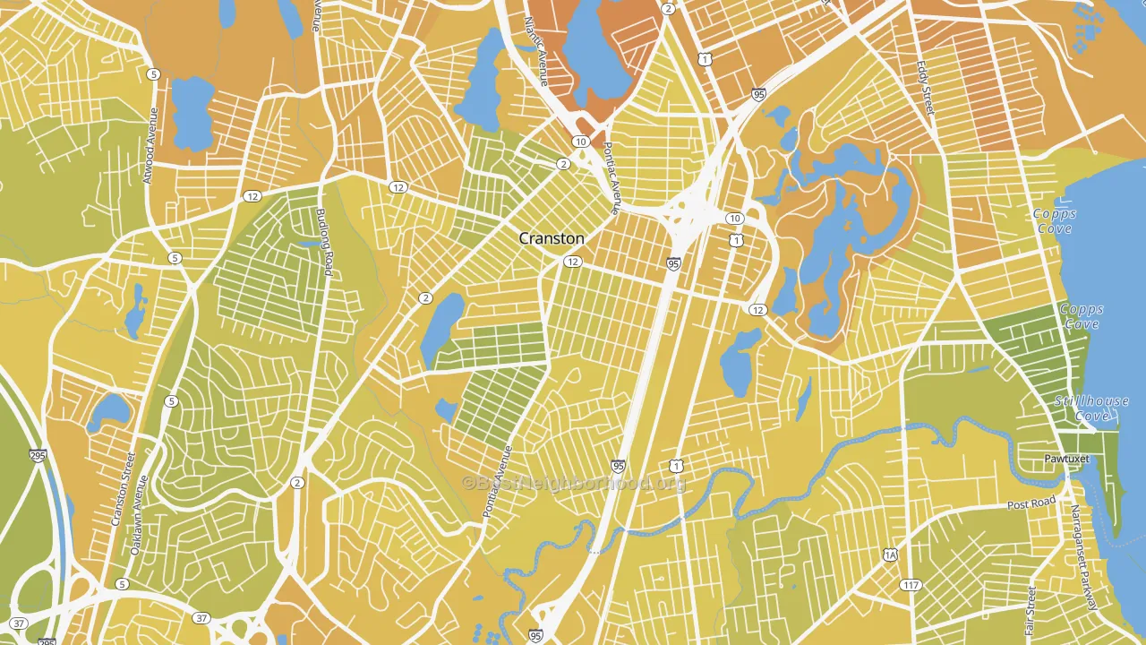 Map of the best neighborhoods in the Auburn, Cranston area, with better matches in green and worse matches in red