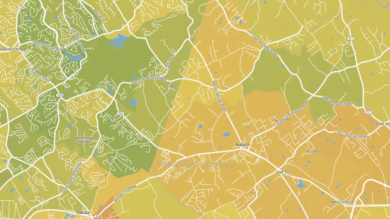 Map of the best neighborhoods in the Auburn area, with better matches in green and worse matches in red