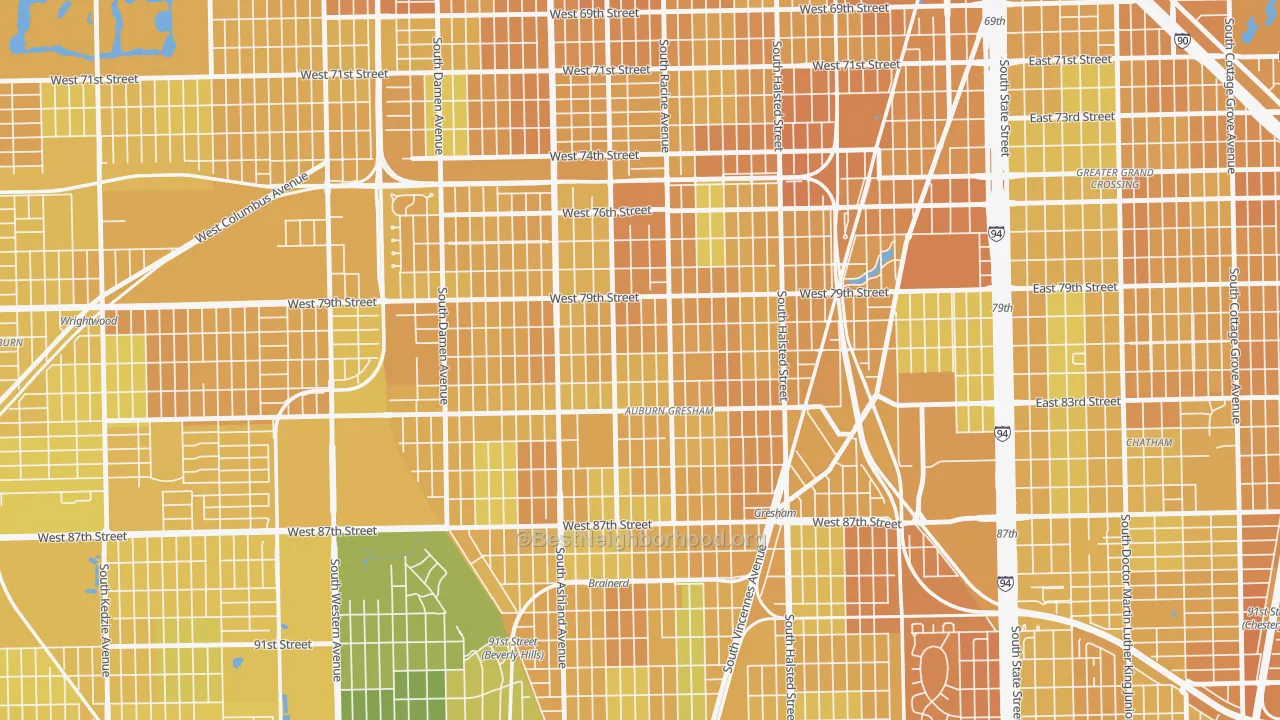 Map of the best neighborhoods in the Auburn Gresham, Chicago area, with better matches in green and worse matches in red