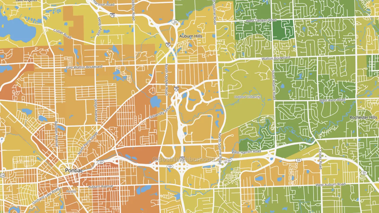 Map of the best neighborhoods in the Auburn Hills area, with better matches in green and worse matches in red