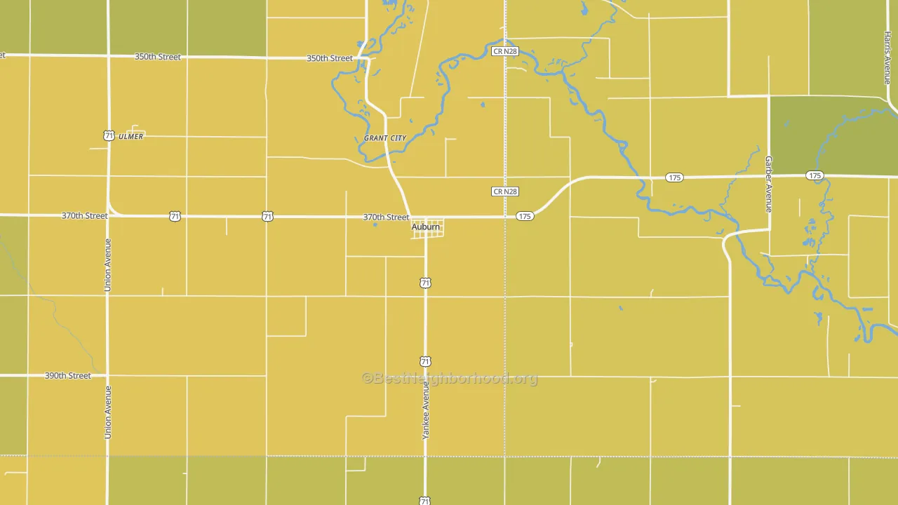 Map of the best neighborhoods in the Auburn area, with better matches in green and worse matches in red