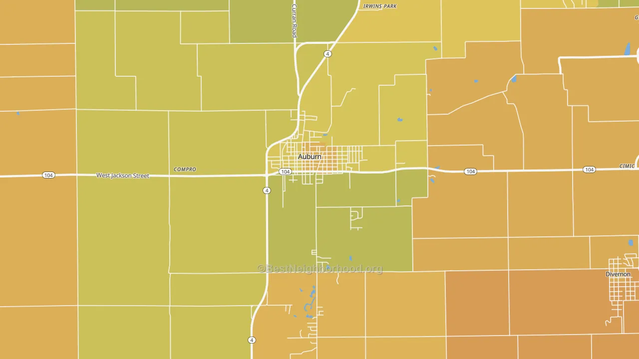 Map of the best neighborhoods in the Auburn area, with better matches in green and worse matches in red