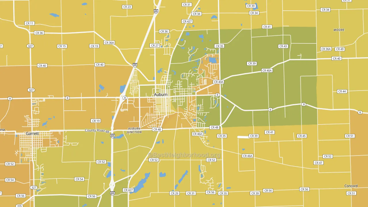 Map of the best neighborhoods in the Auburn area, with better matches in green and worse matches in red