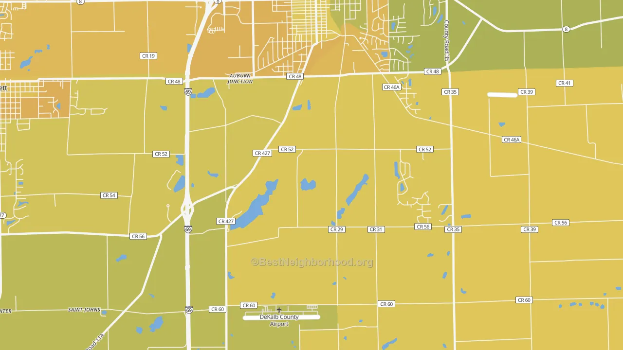 Map of the best neighborhoods in the Auburn Junction area, with better matches in green and worse matches in red