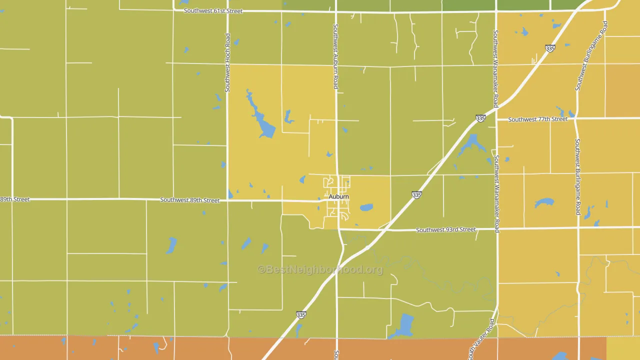 Map of the best neighborhoods in the Auburn area, with better matches in green and worse matches in red