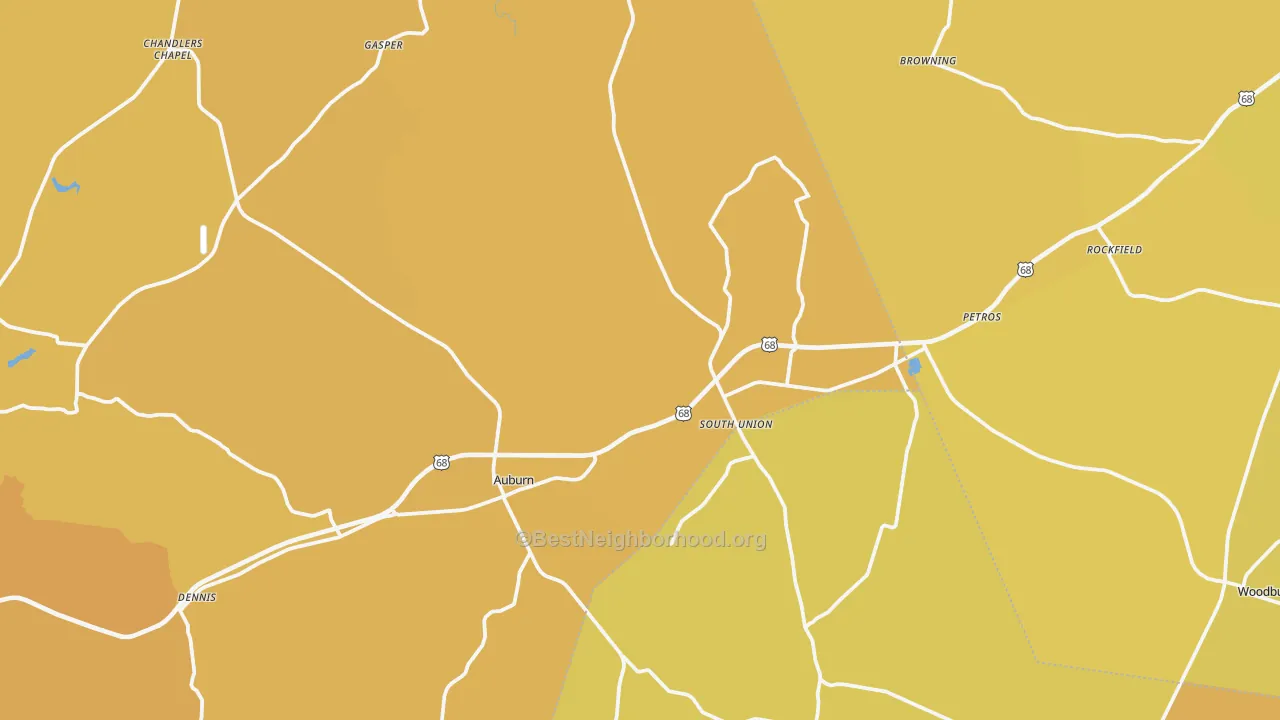 Map of the best neighborhoods in the Auburn area, with better matches in green and worse matches in red