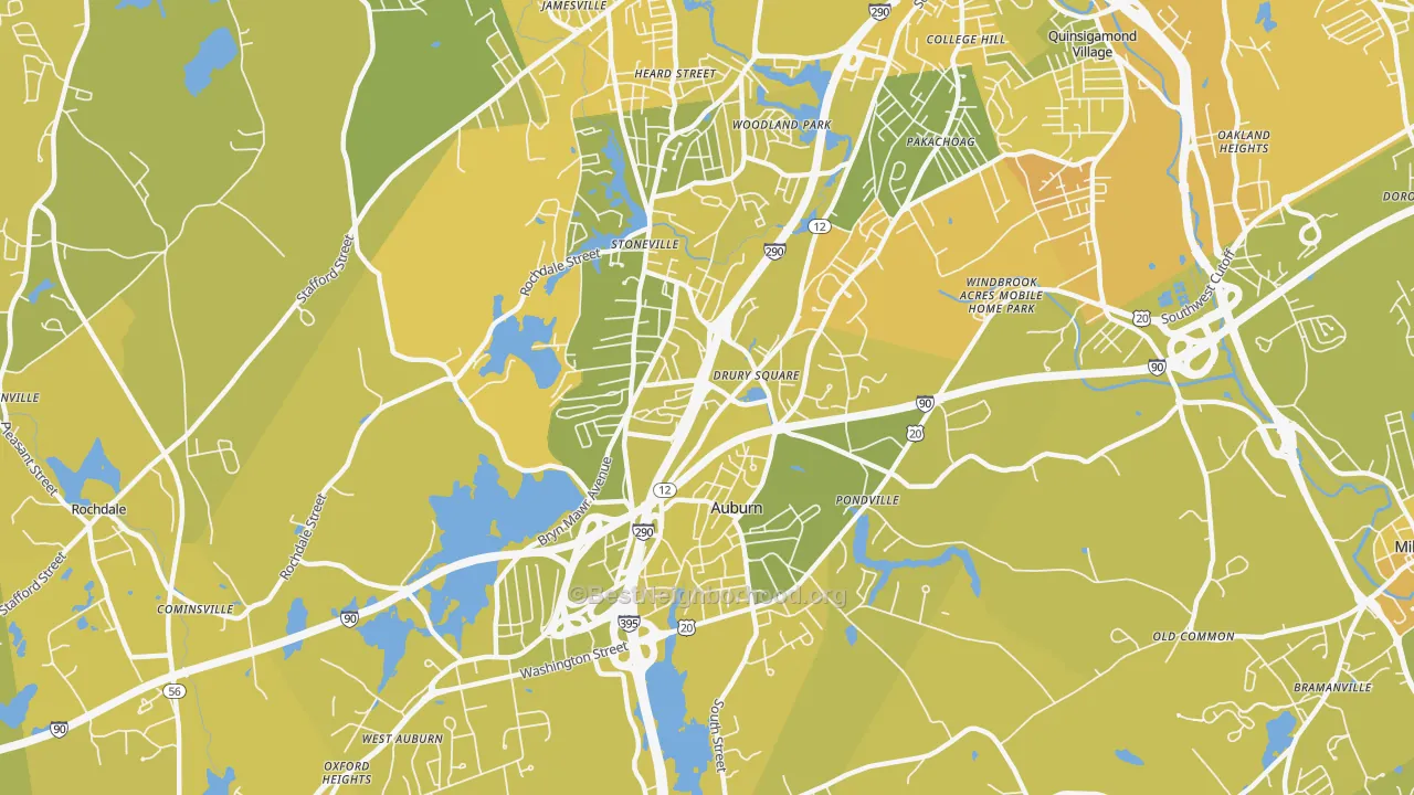 Map of the best neighborhoods in the Auburn area, with better matches in green and worse matches in red