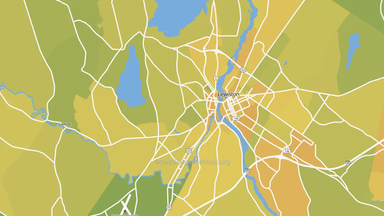 Map of the best neighborhoods in the Auburn area, with better matches in green and worse matches in red