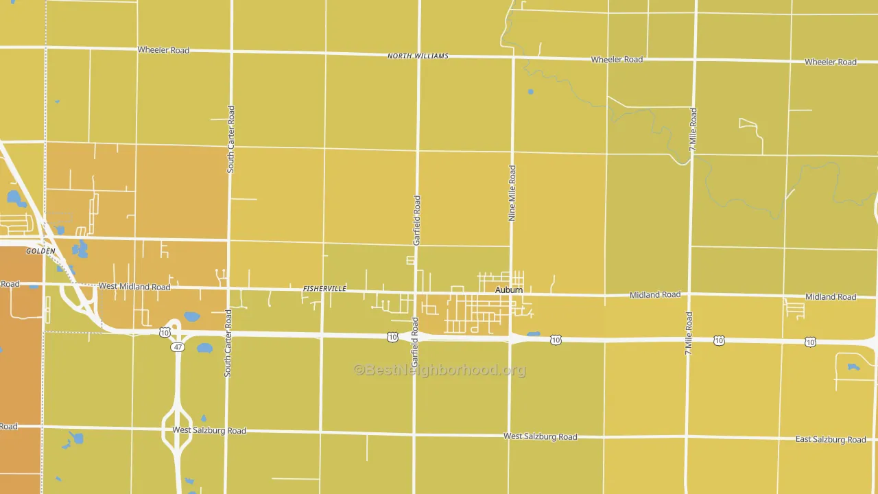 Map of the best neighborhoods in the Auburn area, with better matches in green and worse matches in red