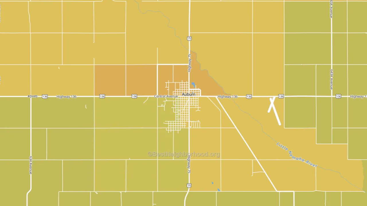 Map of the best neighborhoods in the Auburn area, with better matches in green and worse matches in red