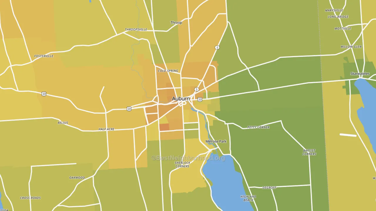 Map of the best neighborhoods in the Auburn area, with better matches in green and worse matches in red