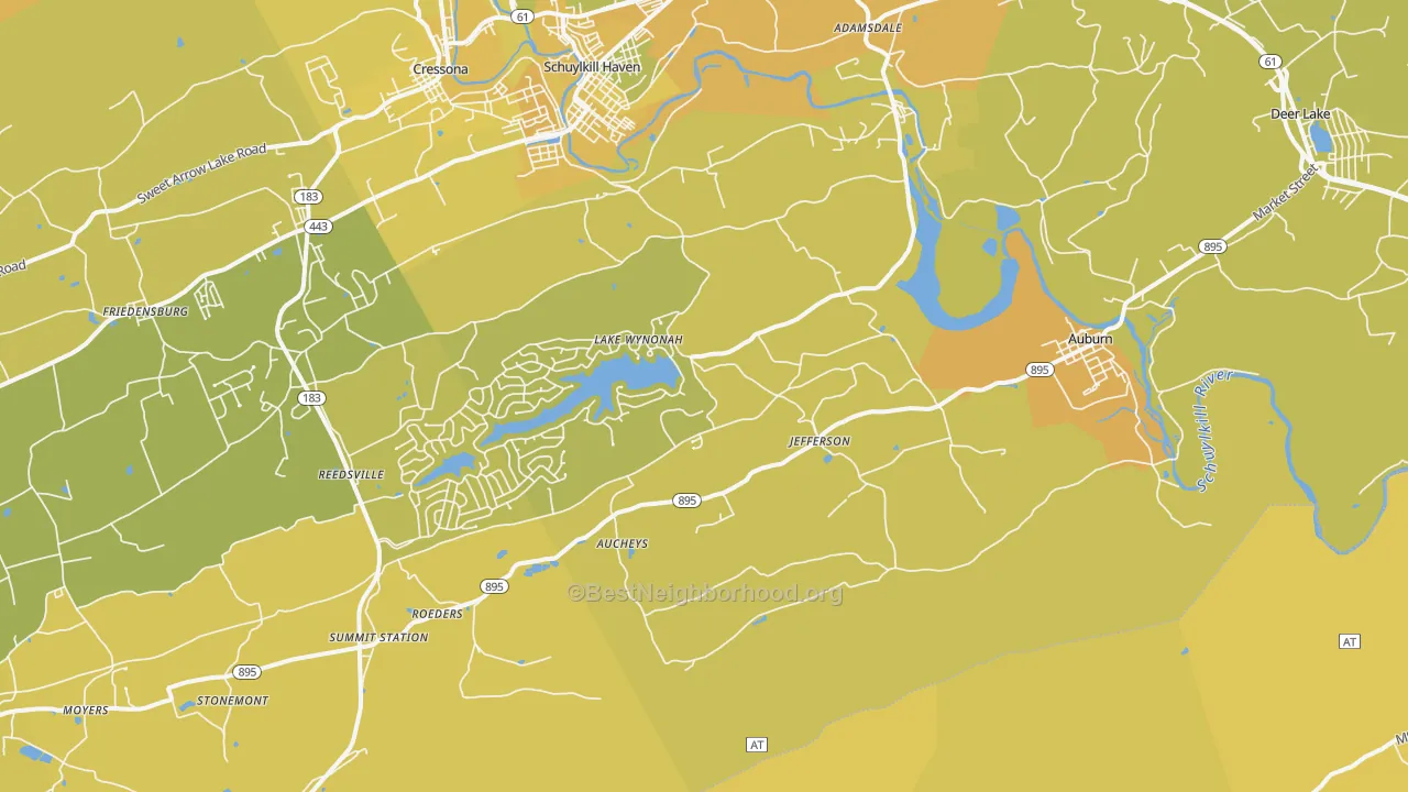 Map of the best neighborhoods in the Auburn area, with better matches in green and worse matches in red