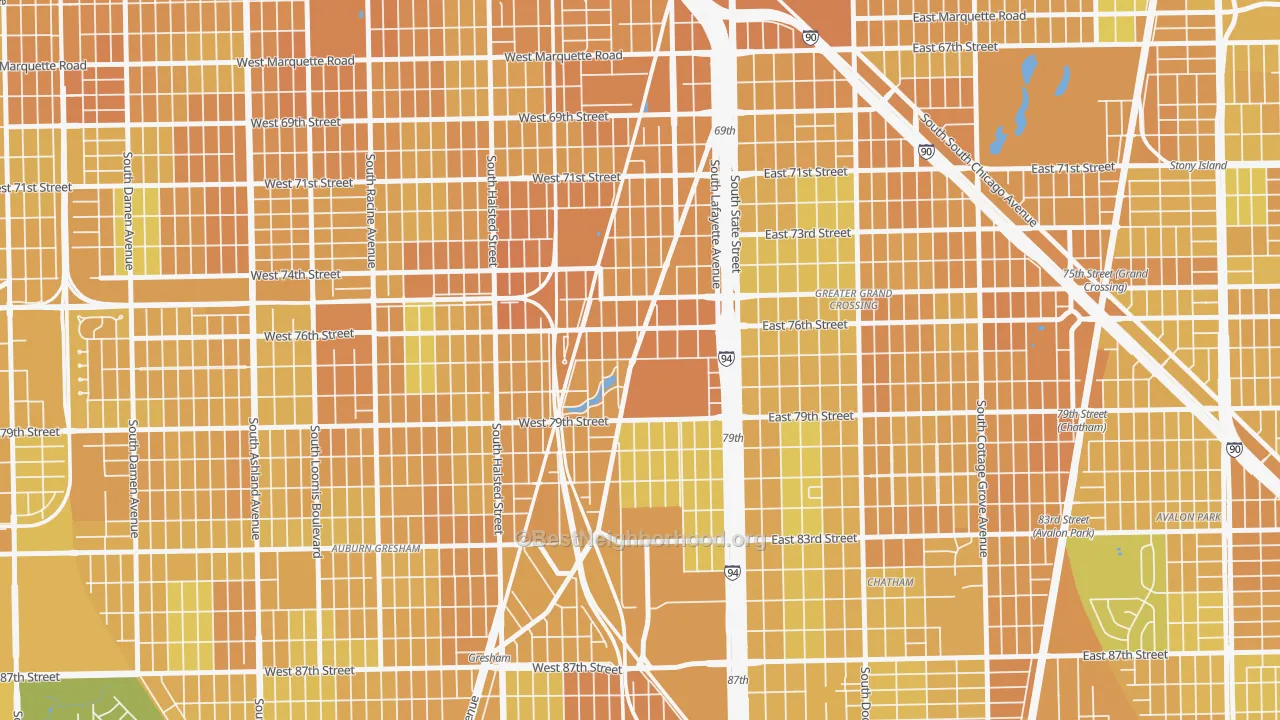 Map of the best neighborhoods in the Auburn Park, Chicago area, with better matches in green and worse matches in red