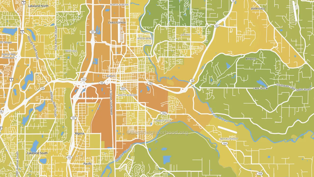 Map of the best neighborhoods in the Auburn area, with better matches in green and worse matches in red