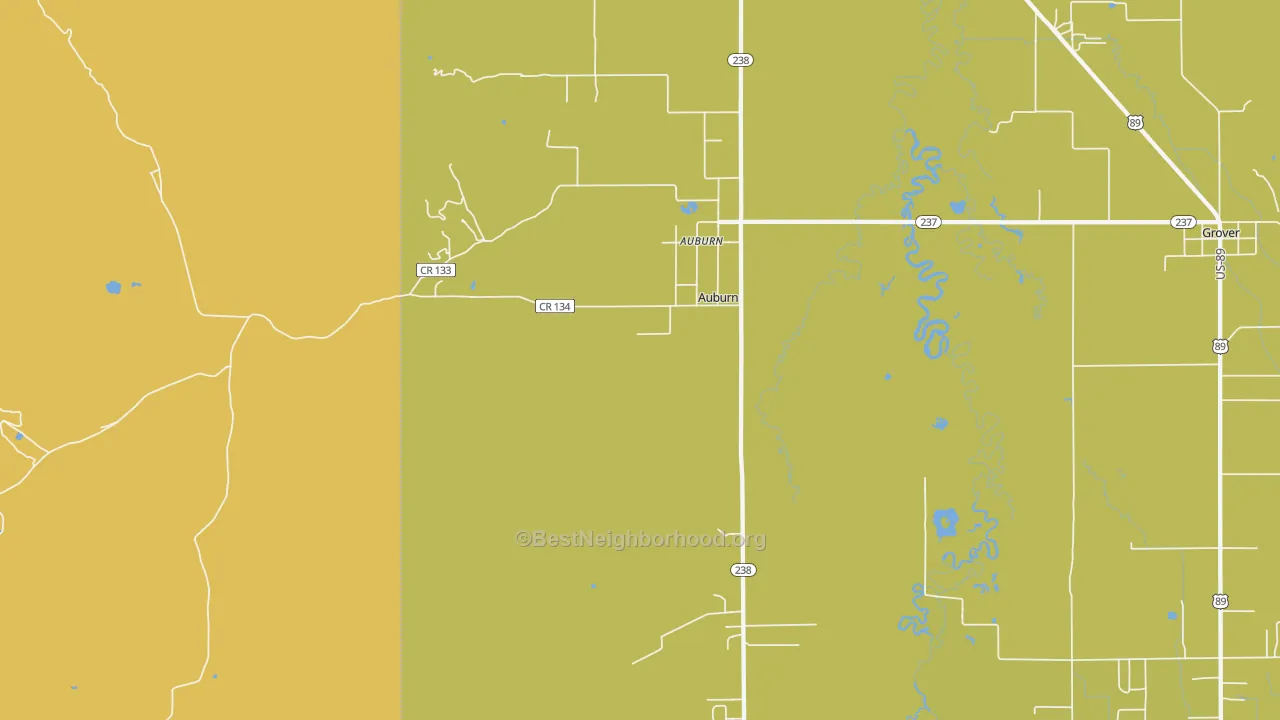 Map of the best neighborhoods in the Auburn area, with better matches in green and worse matches in red