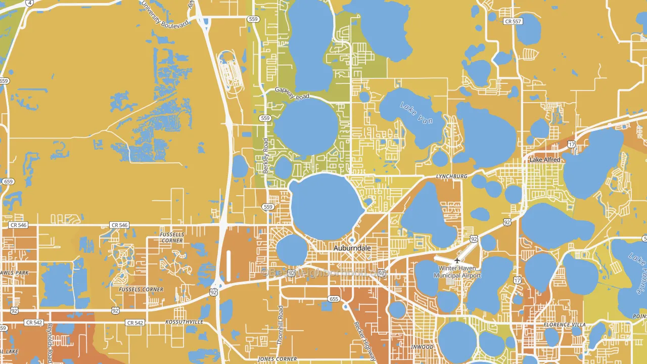 Map of the best neighborhoods in the Auburndale area, with better matches in green and worse matches in red