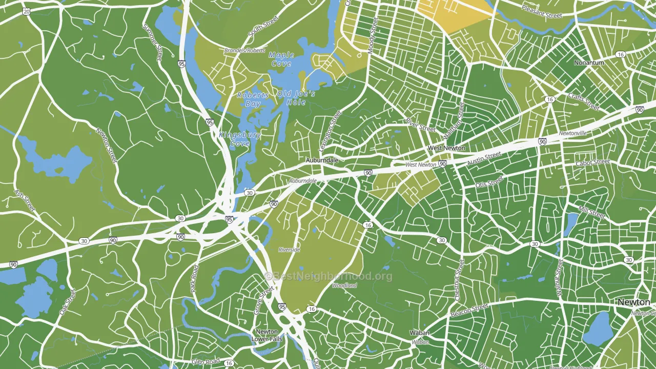 Map of the best neighborhoods in the Auburndale area, with better matches in green and worse matches in red