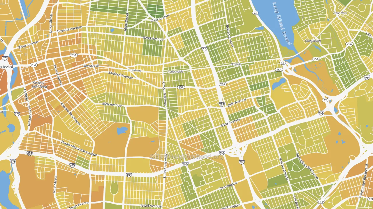 Map of the best neighborhoods in the Auburndale, Queens area, with better matches in green and worse matches in red