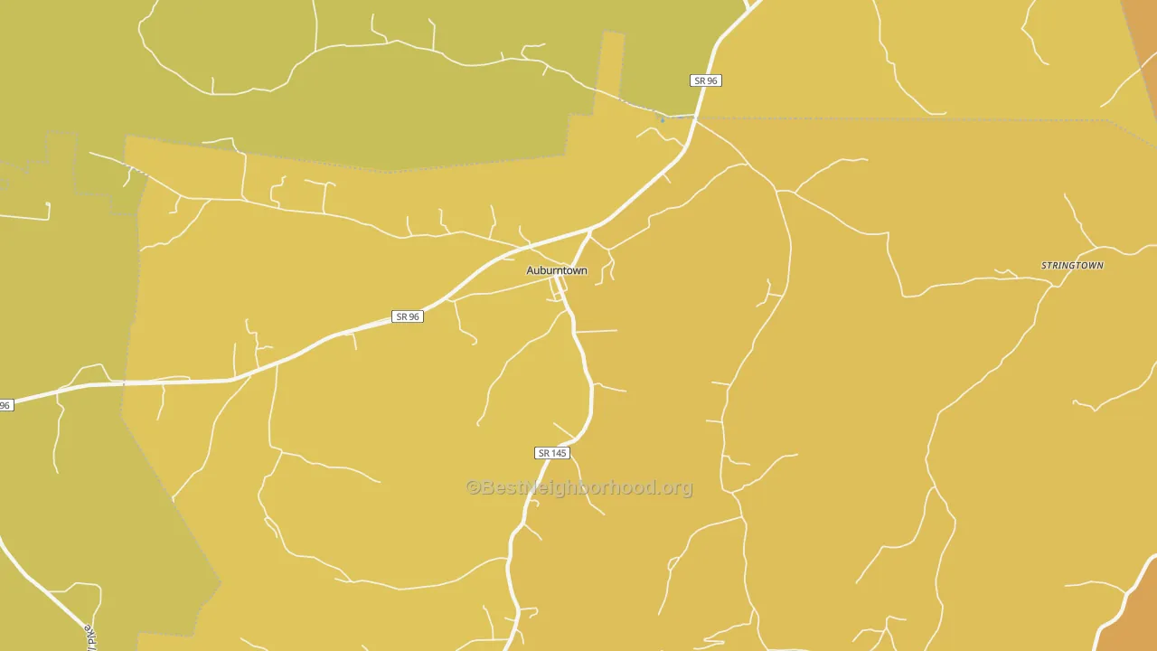 Map of the best neighborhoods in the Auburntown area, with better matches in green and worse matches in red