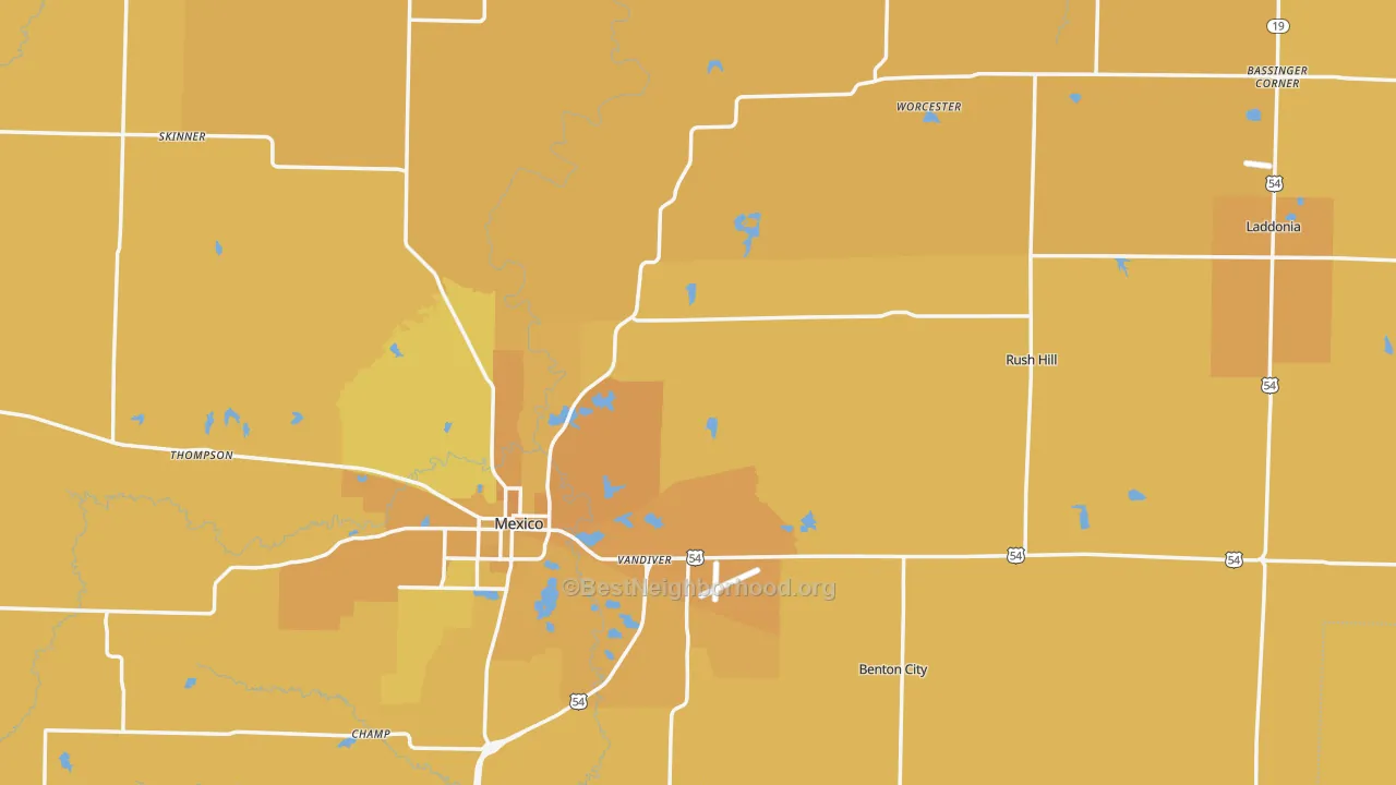 Map of the best neighborhoods in the Audrain County area, with better matches in green and worse matches in red