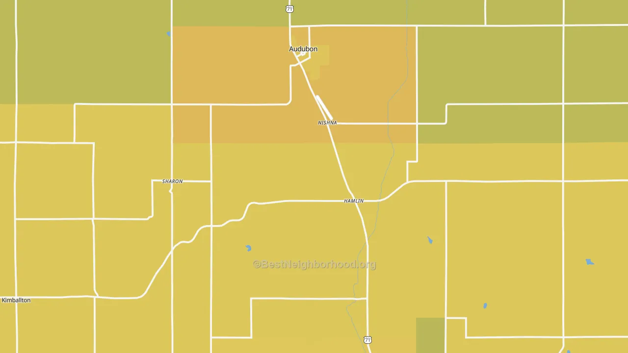 Map of the best neighborhoods in the Audubon County area, with better matches in green and worse matches in red