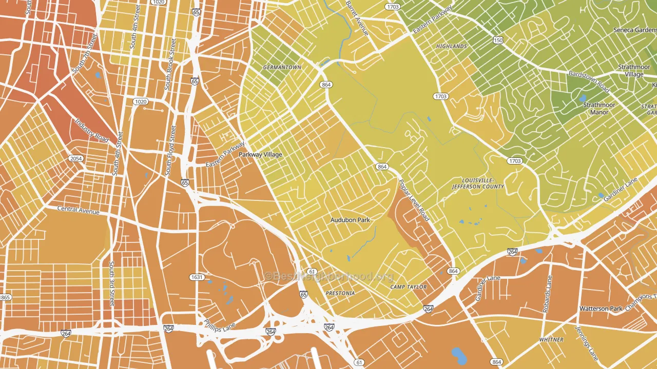 Map of the best neighborhoods in the Audubon, Louisville area, with better matches in green and worse matches in red